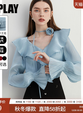 DPLAY2026年春季新款法式蓝色流光纱衬衫女荷叶边气质长袖上衣女