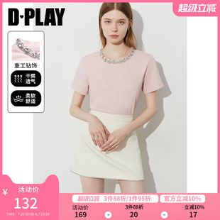 闪钻系列 新款 DPLAY 2025年夏季 上衣 粉色T恤衫 女亮钻圆领时尚