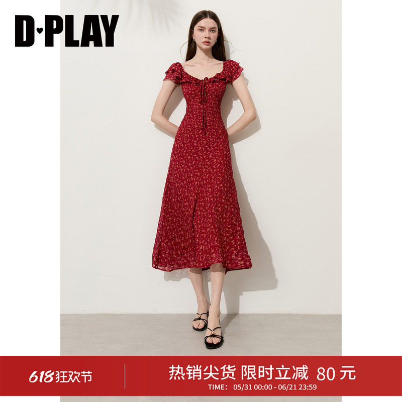 DPLAY红色泡泡格印花V领一字肩两穿法式度假连衣裙2026夏新款裙子