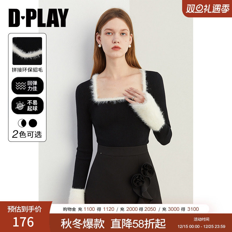 方领领型，领口拼接仿貂毛设计