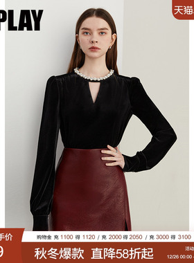 DPLAY2025秋季新款黑色上衣女法式气质洋气小衫丝绒打底衫长袖