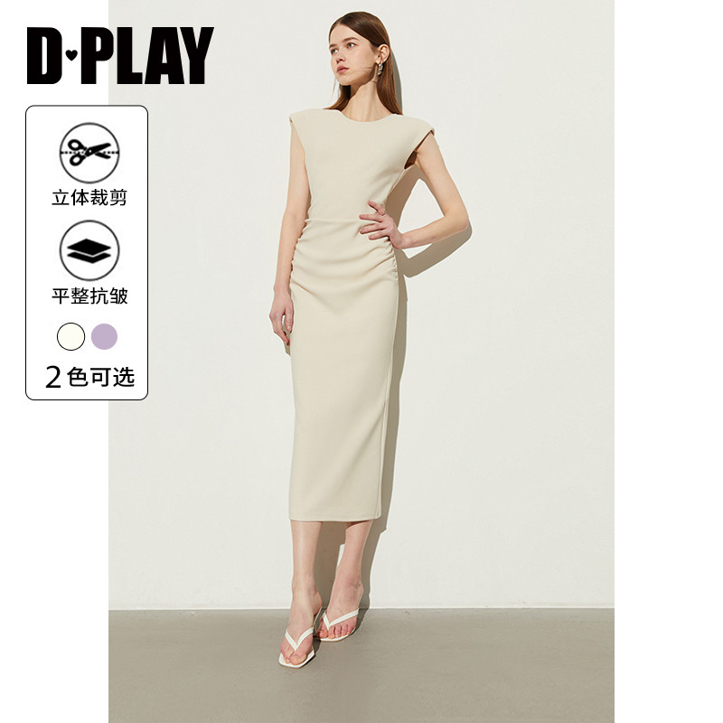 DPLAY夏季白色连衣裙法式垫肩连衣裙收腰修身长裙气质连衣裙