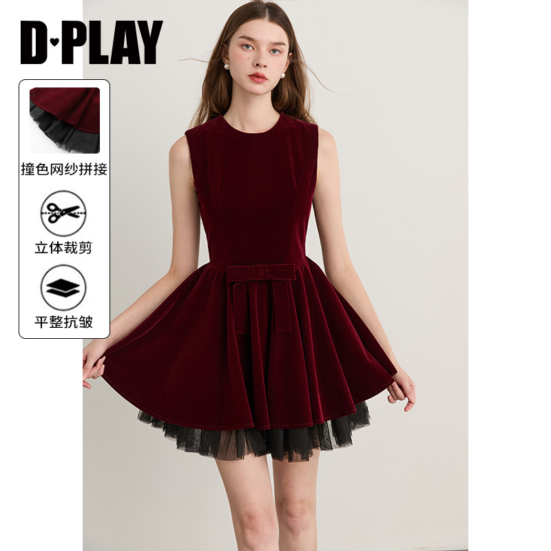 DPLAY红色连衣裙女冬季新款丝绒赫本裙法式气质短收腰短裙礼服裙