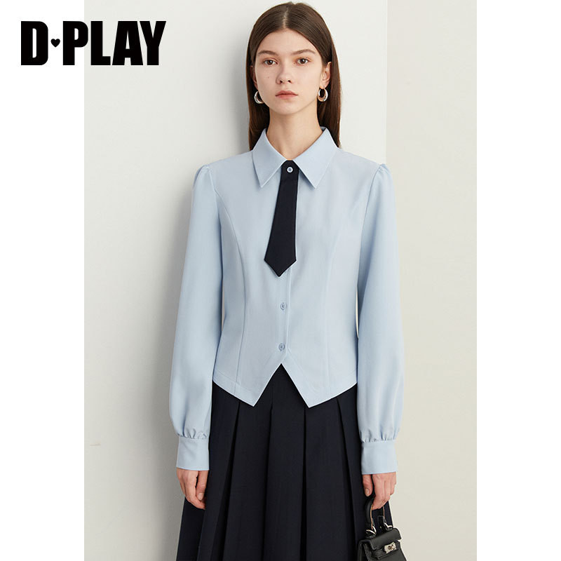 DPLAY春装新学院风空气蓝翻领可拆卸领带不规则斜角下摆衬衫