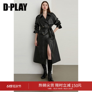 DPLAY2026年春季新款黑色皮衣外套女时尚洋气休闲长款风衣大衣