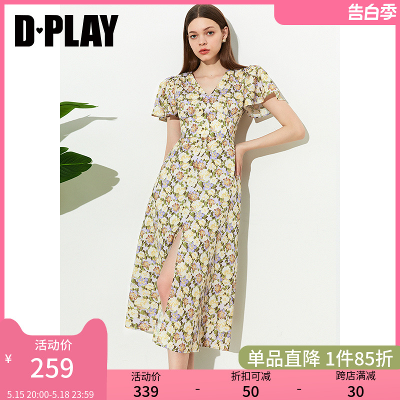 DPLAY法式优雅紫调黄花V领高腰开衩度假风印花连衣裙野餐裙