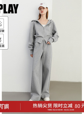 DPLAY懒人穿搭2026春季灰色卫衣套装休闲裤女喇叭裤长裤卫裤裤子
