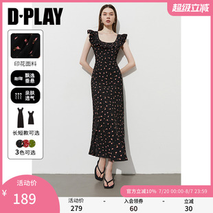 連衣裙茶歇裙修身 DPLAY2025年夏季 新款 黑色碎花裙法式 長(zhǎng)裙女裙子
