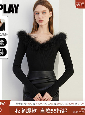 DPLAY2025秋季新款黑色毛衣女拼接羽毛修身打底衫气质针织衫上衣
