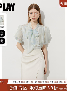 DPLAY2025年夏季新款蓝色泡泡袖上衣女漂亮独特法式衬衫短袖衬衣