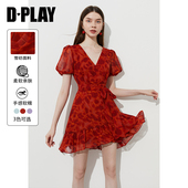 法式 茶歇系列 2026年春季 DPLAY 新款 红色碎花连衣裙女度假短裙