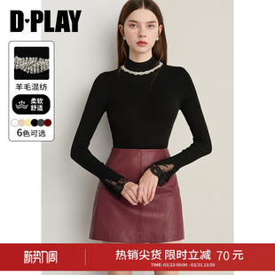 蕾丝袖 DPLAY黑色半高领针织衫 打底衫 长袖 上衣 亮钻领黑色毛衣修身
