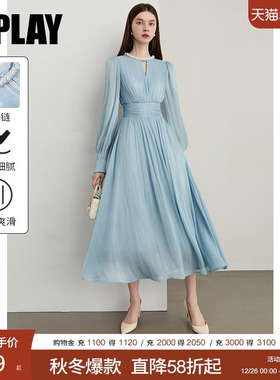DPLAY2026年春季新款蓝色流光气质连衣裙女独特法式裙子长裙