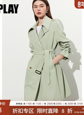 DPLAY2026年春季高级感OL英伦风绿色大码气质风衣通勤风女士外套