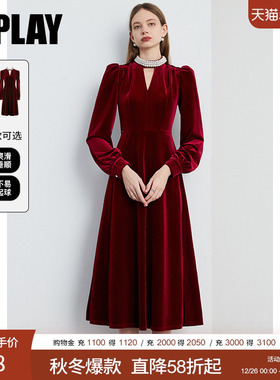 DPLAY2025年冬季红色连衣裙丝绒连衣裙红色礼服敬酒服女晚礼服