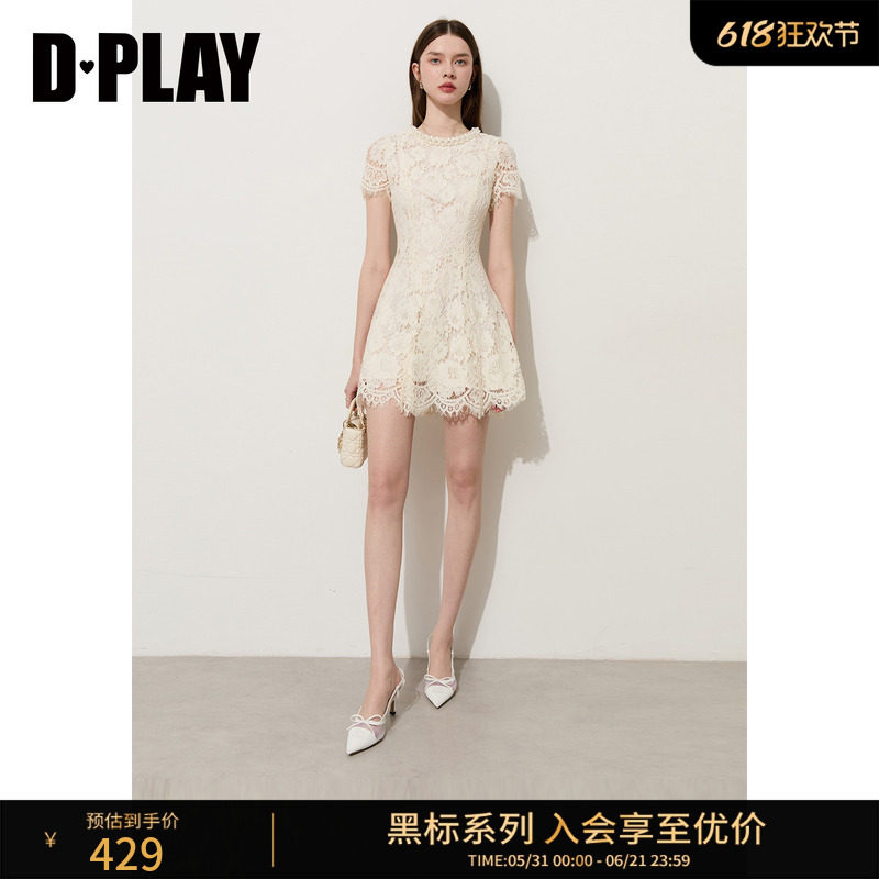 DPLAY【黑标】白色圆领蕾丝短袖连衣裙夏新小个子短款法式连衣裙