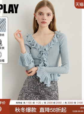 DPLAY2025年秋季新款蓝色针织衫女气质流行法式荷叶边长袖上衣