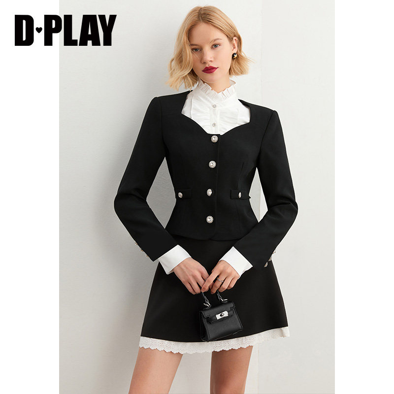 DPLAY【黑标】早秋新黑色复古宫廷领通勤短外套轻奢镶钻上衣