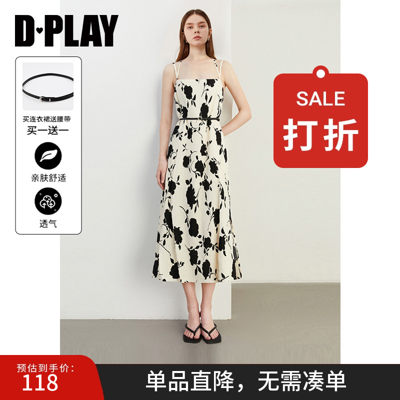 DPLAY2025夏季气质度假黑白印花沙滩裙吊带裙长裙连衣裙女裙子