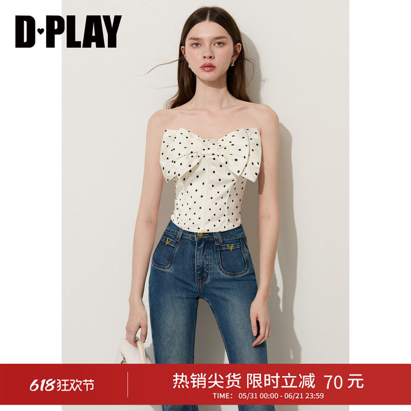 DPLAY白色波点蝴蝶结鱼骨设计抹胸2026夏季新款法式优雅女士上衣