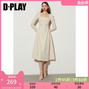 连衣裙杏色方领连衣裙女收腰长裙白色裙子 DPLAY春季 法式