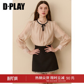 上衣2026年春季 DPLAY香槟粉衬衫 女撞色合体蝴蝶结烫钻蕾丝雪纺衫