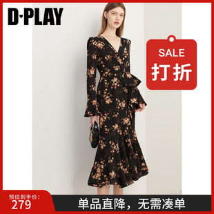 裙子长裙 茶歇裙鱼尾裙长袖 DPLAY2025秋季 气质黑色连衣裙女法式