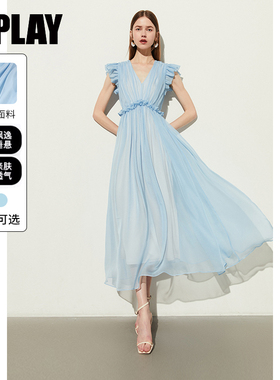 DPLAY夏装气质蓝色连衣裙女法式长裙礼服公主裙沙滩裙女