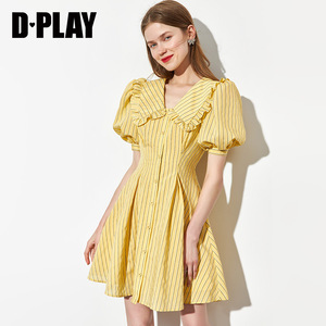 DPLAY夏季新黄色复古娃娃领连衣裙高腰大摆裙