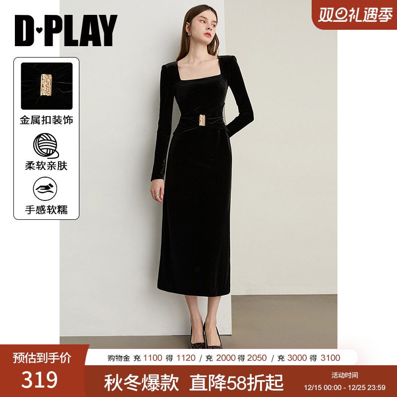 DPLAY【蜜恋衣橱系列】2025年秋季新款黑色连衣裙修身开叉长裙