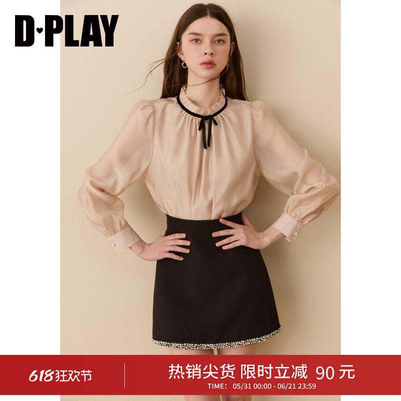 DPLAY香槟粉衬衫女撞色合体蝴蝶结烫钻蕾丝雪纺衫上衣2026年春季