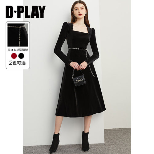 经典泡泡袖钻链丝绒连衣裙DPLAY