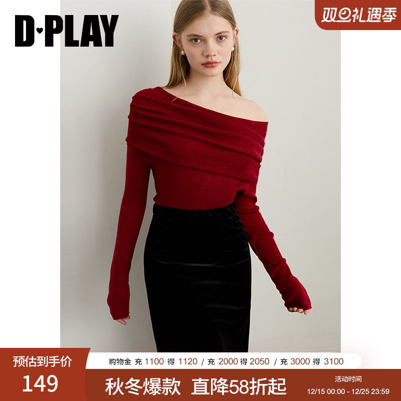 DPLAY2025年秋季新款红色针织衫女含羊毛一字肩露肩设计长袖上衣