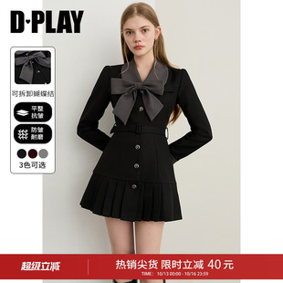 DPLAY2026年冬季新款黑色连衣裙女独特蝴蝶结收腰短款裙子短裙