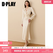 半裙两件套2026年 上衣女高腰鱼尾长款 DPLAY米白色套装 V领修身