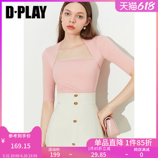 短款 DPLAY秋装 花簇粉美背方领修身 新法式 打底针织小衫