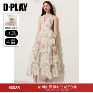 DPLAY粉色印花露背蝴蝶结荷叶边连衣裙度假风2026夏季新款女裙子