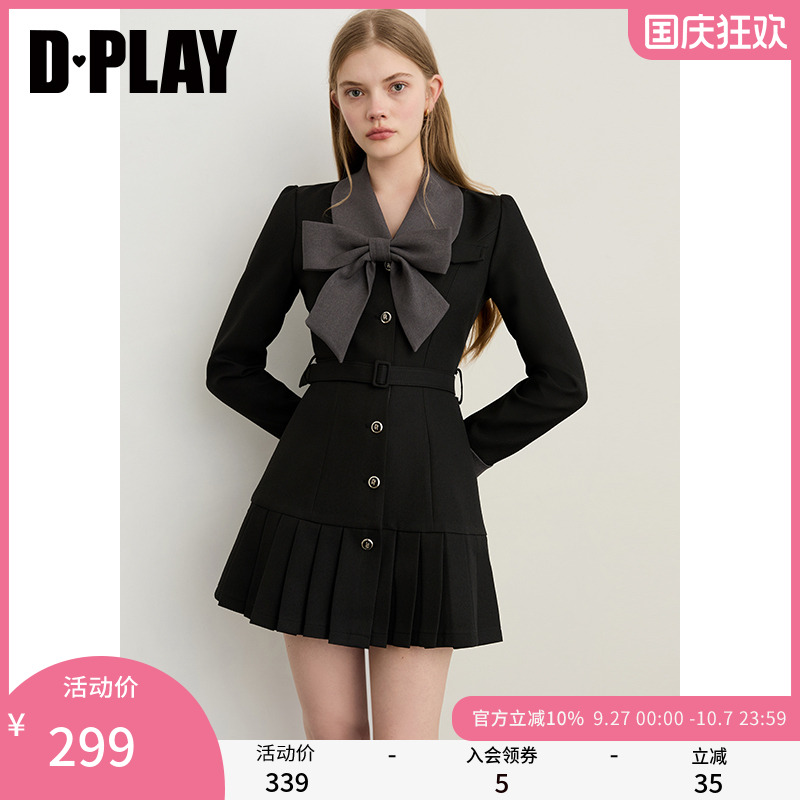 DPLAY2025年秋季新款黑色连衣裙女独特蝴蝶结收腰短款裙子短裙