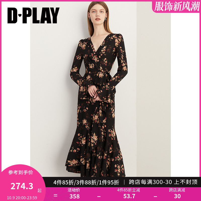 DPLAY2023秋装法式暗夜繁花茶歇裙V领泡泡喇叭袖连衣裙印花裙