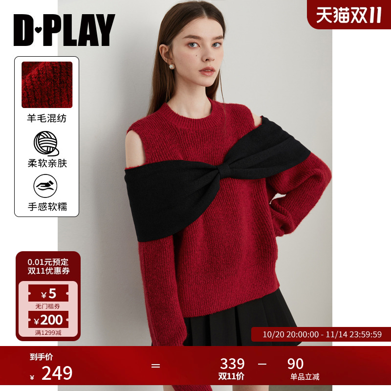 DPLAY圆领蝴蝶结露肩毛衣