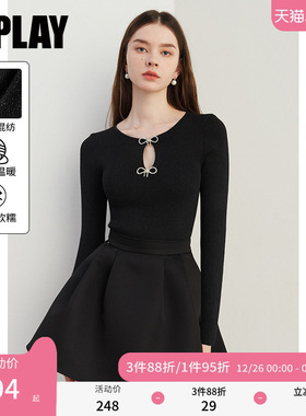 DPLAY2025秋季新款黑色针织衫长袖修身蝴蝶结打底衫女上衣毛衫