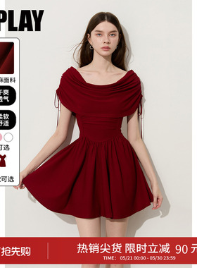 DPLAY红色一字肩连衣裙女法式敬酒服小礼服收腰短裙裙子2026夏季