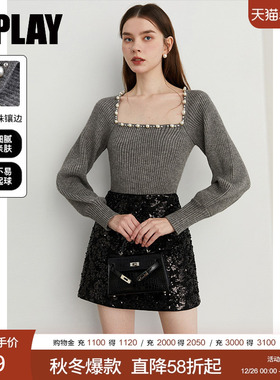 DPLAY2025秋季新款气质简约灰色针织衫洋气打底衫毛衣上衣女毛衫