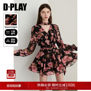 DPLAY粉黑色连衣裙女好看独特法式雪纺裙子长袖短裙2026秋季新款