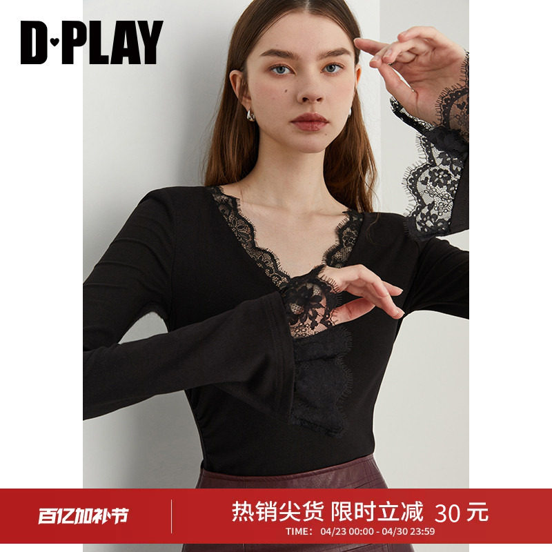 DPLAY秋季新款气质简约黑色T恤女洋气时尚修身打底衫小衫长袖