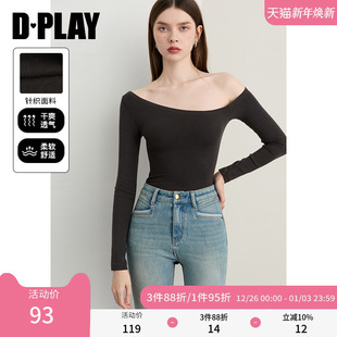 惠品 长袖 2025年秋季 黑色t恤女独特一字肩修身 上衣 新款 DPLAY