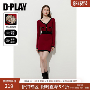 DPLAY2025年秋季新款红色连衣裙女新年气质修身针织短款裙子短裙