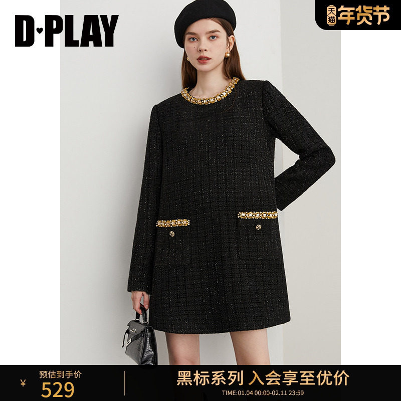 DPLAY【黑标】年秋季法式黑色含羊毛千金风小香风连衣裙女,女装/女士精品,连衣裙,淘宝优惠券,粉丝福利购,淘宝优惠卷