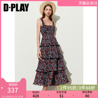 DPLAY夏度假风碎花多层下摆无袖抹胸吊带中长款蛋糕裙连衣裙子女