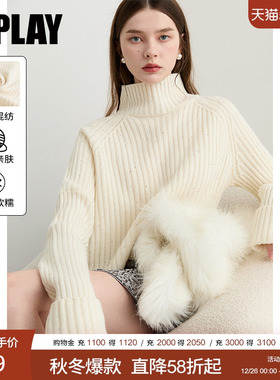 DPLAY2025年冬季新款白色高领羊毛衫时尚气质女士毛衣女针织衫